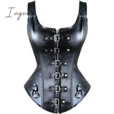 Ingvn - Faux Leather Corset Top Shoulder Strap Corselet Black Zipper Buckled Bustier Waist Trainer Vest Corset Overbust Women Steampunk
