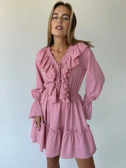 Ingvn Fall V-neck Flare Sleeve Ruffles Short Dresses Streetwear Women's High Waist Lace-up Tunics Ruched A-line Pink Party Dress