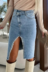 Ingvn - Street Solid Make Old Slit Asymmetrical Regular Denim Skirts