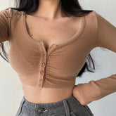 Ingvn - New Korean Slim V-neck Long Sleeve Bottomed Womens Tops And Blouses High Street Solid Color Open Navel Cardigan U4WF