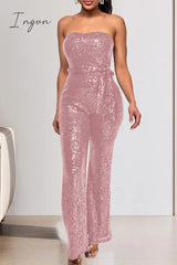 Ingvn - Street Solid Bandage Sequins Patchwork Strapless Regular Jumpsuits(5 Colors)