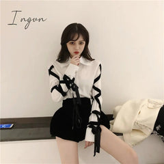 Ingvn - Womens Fashion Casual Office Lady Female Blous Long Sleeve Shirt Women Stitching Black Ribbons Spring Top Blouse 16W057