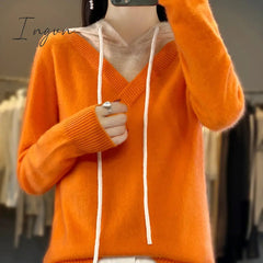 Ingvn - Autumn and Winter 2023 New 100% Merino Wool Women's Knitted Hooded Pullover Casual Color Matching Sweater Korean Fashion Top