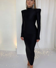 Solid Long Sleeve With Shoulder Pads Turtleneck Maxi Dress New Year Women Fashion Streetwear Elegant Skinny