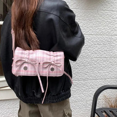 INGVN Plaid Pink Women Shoulder Bag Pleated Casual Sweet Cute New Fashion Leather Handbag Literary Exquisite Designer Armpit Bag