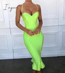 Ingvn - High Quality Pink Yellow Knee Length Rayon Bandage Dress Evening Party Elegant Dress