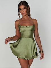 Mini Backless Ruffle Slingback Dress - Elegant Square Neck, High Elasticity Polyester, Solid Color, Knit Fabric, Perfect for Coquette Y2K Style Party Dressing - Womens Clothing for All Seasons
