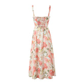 Elegant Women Sexy Front Slit Floral Print Sling Midi Dress Lace Up Bandage Back Female Summer Dresses Holiday Robe