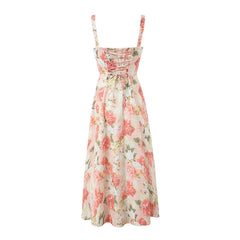 Elegant Women Sexy Front Slit Floral Print Sling Midi Dress Lace Up Bandage Back Female Summer Dresses Holiday Robe
