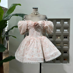 French Spliced Appliques Sweet A Line Dresses For Women Slash Neck High Waist Printing Lace Backless Dress Female Fashion