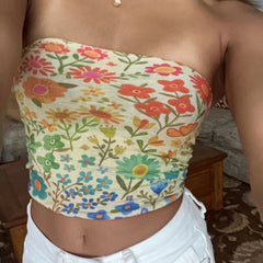 Summer Boho Bandeau Vest Cute Hiking Outfits Preppy Style Fitness Girl Strapless Tube Tops Graphic Print Off Shoulder Crop Tops