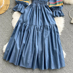 Ingvn - Quality Embroidered Denim Dress 2023 Summer Autumn National Korean Pleated A Line Long Sleeve Cowboy Dress Women Jeans Dress