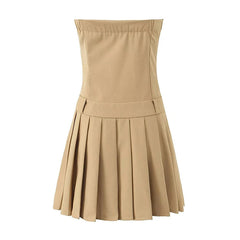 New Women Sexy Strapless Mini Dress Slim Low Waist Pleated Hem A-line Party Robe