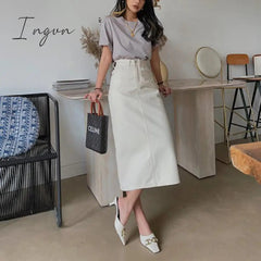 Ingvn - Fashion Trends Straight Bodycon Long Jeans Skirt Women Solid White Vintage Split High Waist Denim Skirt Midi Elegant Summer