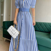 Elegant Striped Fit and Flare Long Dress with Lace Up Detail - Short Sleeve, V-Neck, Micro Elasticity, Cotton Blend, Random Printed, All-Season Wear - Womens Clothing for Adult