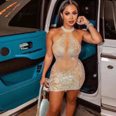 Ingvn - Mesh Sheer See Through Sexy Party Dress for Women Party Club Night Mini Bodycon Dress Luxury Rhinestone Sparkly Birthday Dress