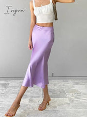 Ingvn - Solid Purple Satin Silk Skirt Women High Waisted Summer Long Skirt New Elegant Ladies Office Skirts Midi Spring