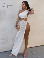 Ingvn - Fashion White Elegant Maxi Dress Summer Women Sexy One Shoulder Split Long Dress Female Fashion Cut Out Club Party Dress Beachwear