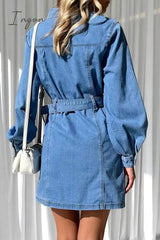 Ingvn - Casual Solid Pocket Buckle With Belt Turndown Collar Long Sleeve Straight Denim Dresses