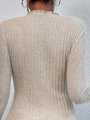 Women's Ribbed Knit Long Sleeve Top, Textured Ruffle Trim, Solid Color, Polyester, Elegant Turtleneck, Stretchy Fabric, Regular Fit, Sleeve Length, Autumn/Winter, T-Shirt Style