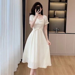 Vintage Chiffon Midi Dresses for Women Summer New Elegant Chic Simple Fashions Slim Casual Sweet Female Clothing