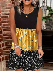 Boho Chic Floral Print Tank Dress - Color Block Crew Neck - Flowy Sleeveless for Summer - Fashionable Womens Clothing