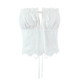Women Hollow Out Embroidery White Strapless Top Sexy Backless Lacing Up Back Holiday Summer Crop Top Cotton