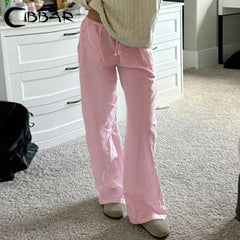 Drawstring Low Rise Pink Casual Pants y2k Basic See Through Pants y2k Aesthetic Straight Trousers for Women Korean Style