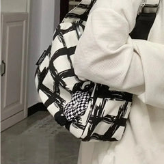 Ingvn Canvas Fashion Womens Shoulder Bag Plaid Graffiti Large Capacity Casual Crossbody Bag College Style Fashion Female Handbag