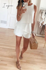 Ingvn - Solid Color O Neck Ruffle Romper(3 Colors)