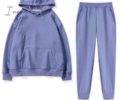 Ingvn - Women Unisex Couple Fleece 100% Cotton Suits 2 Pieces Sets Casual Tracksuit Hoodies Sweatshirt Pants Plus Size