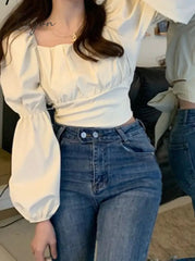 Ingvn - Elegant Blouse Women Spring Summer 2023 New French Style Square Collar Puff Sleeve Chic Shirts Ladies Casual Crop Top