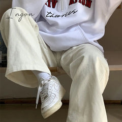 Ingvn - Beige Corduroy Wide Leg Pants Women Korean Style Soft Girl Pink Spring Plus Size Black Trousers For Female Oversize