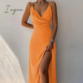 Ingvn - Sexy High Split Up Long Dress For Women Summer Print Party Dress Sleeveless Slip V Neck Elegant Dresses Ladies Evening Robe