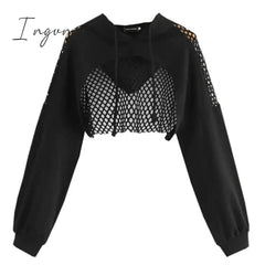 Ingvn - Black Hoodies for Women Hollow Out Crop Tops Mesh Patchwork Short Sweatshirt Long Sleeve Autumn Tops and Pullovers
