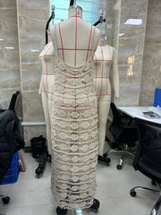Women Knit Beach Maxi Dress Fashion Sleeveless V-neck Cover-up Dress Hollowed Summer Long Vacation Dress