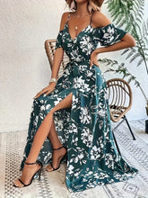 Vibrant Floral Print A-Line Dress - Cold Shoulder, Belted, Split Sleeveless, Elegant, Comfortable, Spring & Summer Essential - Women's Clothing, Perfect for Outdoor Activities