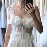 Fairy 3D Flowers Embroidered Fish Bone Corset Camisoles Tube Wrap Chest Bra Tank Tops Lace Cami Crop Rhinestone Mesh Top