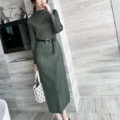 Ingvn - Trends Spring Winter Miyake Pleated Women Comfortable Dress Long Sleeve High Quality Korean Style Casual Aesthetic Clothes