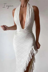 Sexy Solid Lace Flounce V Neck Irregular Dresses
