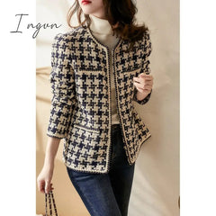 Ingvn - Spring Korean small fragrance jacket women's short winter and autumn French ladies all-match houndstooth woven tweed coat jackets