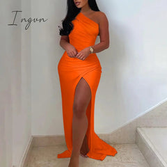 Ingvn - New Summer Elegant Solid One Shoulder High Split Thigh Ruched Maxi Floor Dress White Sexy Corset Asymmetric Party Robes Female