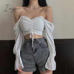 Ingvn - Low cut Blouse Woman Fashion Pretty Blouses Crop Top Youth Elegant Puff sleeve Chiffon Shirt Sexy