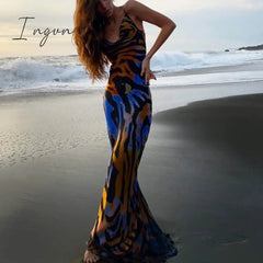 Ingvn - Print Maxi Dress Women Sexy Low Cut Cowl Neck Back Lace Up Sexy Dresses Seaside Party Club Wear Long Dress New