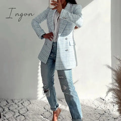 Ingvn - Fashion Casual Double Breasted Tweed Women Blazer Coat New Long Spring Autumn Jackets Coats Female Chic Office Lady Tops