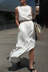 Ingvn- Casual Simplicity Solid Pocket Slit O Neck Sleeveless Two Pieces