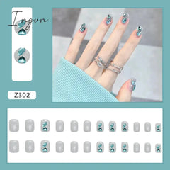 24pcs/Box Gradient Nail Art Patches False Nails Short Square Nail Blue Starry Glitter Teardrop Diamond Fake Nail Tips