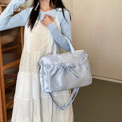 Ingvn Cute Elegant Womens Shoulder Bag Pink Pleated Bow College Style Tote Bag Aesthetic Literary Casual Daily New Ladies Handbag