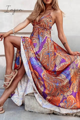Ingvn - Sexy Bohemian Geometric Print Backless V Neck Sling Dress Dresses