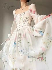 Ingvn - French Elegant Floral Midi Dress Chiffon Long Sleeve Evening Party Dress Woman Beach Fairy One Piece Dress Korean 2023 Summer